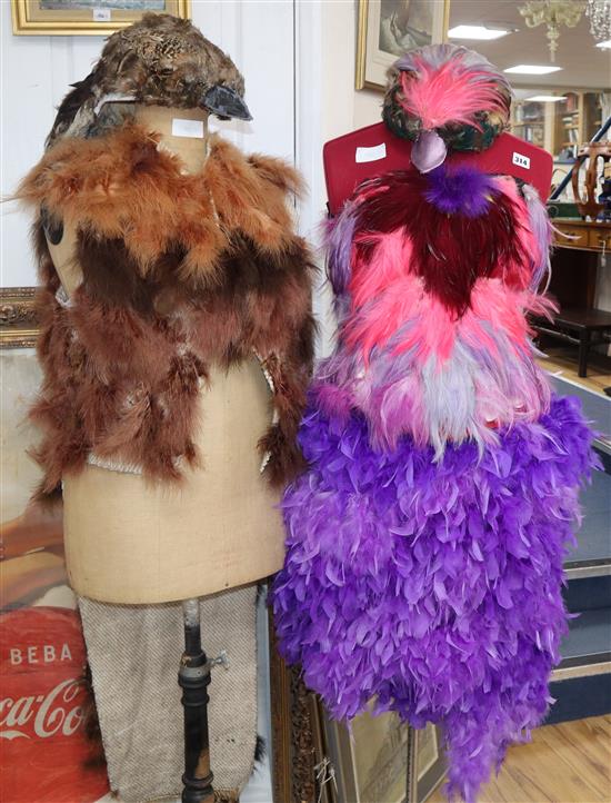 The Magic Flute: Papagenas pink, lilac and purple bodice with matching feather skirt and feathered bird headdress,